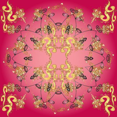 Doğu tarzı arabesk tarzında altın elementler. Altın pürüzsüz desen. Eflatun, kırmızı ve pembe renklerde pürüzsüz desen. Kusursuz altın desenli bukleler..