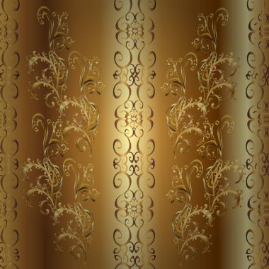 Sarı, kahverengi ve bej renklerdeki altın desenli altın elementler. Kusursuz klasik altın desen. Vektör geleneksel yönelim süsü.