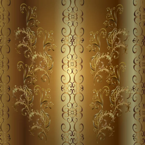 Золотий Візерунок Жовтих Коричневих Бежевих Кольорах Золотими Елементами Безшовний Класичний — стоковий вектор