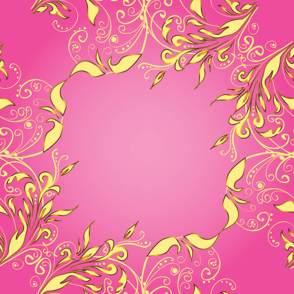 Golden element on a pink, yellow and brown colors. Gold floral ornament in baroque style. Golden floral seamless pattern. Damask background.