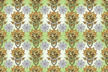 Altın şablon. Kusursuz desenli altın elementler. Kraliyet retro 'su mavi, bej ve gri renklerde. Klasik çiçek dokusu. Kart, duvar kağıdı, ambalaj, tekstil için klasik tasarım.