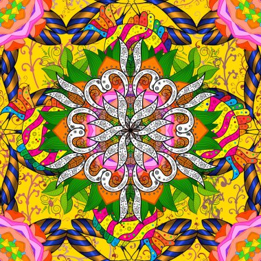 Kusursuz çiçek deseni. Renkli Bahar Temalı Kusursuz Arkaplan. Asya tekstil tarzında. Sarı, yeşil ve turuncu renkli çiçekler. Düz Çiçek Elementleri Tasarımı.