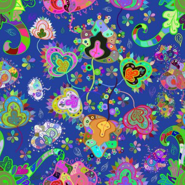 Renkli Bahar Temalı Kusursuz Arkaplan. Düz Çiçek Elementleri Tasarımı. Çocuk stili. Çiçeklerle kusursuz bir arkaplan.