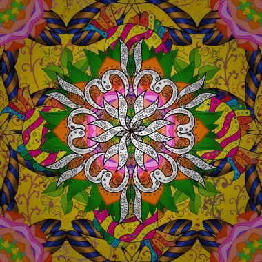 Düz Çiçek Elementleri Tasarımı. Modaya uygun kumaş deseni. Sarı, turuncu ve yeşil renkli şirin çiçek desenleri. Renkli Bahar Teması Kusursuz Arkaplan.