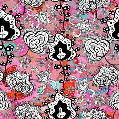 Düz Çiçek Elementleri Tasarımı. Siyah, pembe ve beyaz renkte çiçekler. Renkli Bahar Temalı Kusursuz Arkaplan. Şirin çiçek vektör deseni.