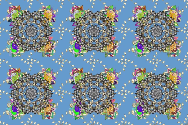 Pattern with abstract art flower for Tibetan yoga. Mandala, tribal vintage sketch with a medallion on blue, gray yellow colors. Bohemian decorative element, indian henna design, retro circle ornament.