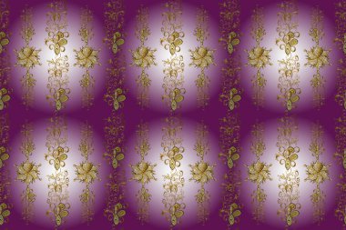 Mor, nötr ve mor renklerde altın element. Damask arkaplanı tekerrür ediyor. Altın rengi mor, nötr ve menekşe çiçekli süs, barok tarzı. Antika altın tekrarlanabilir duvar kağıdı