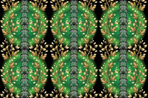 Seamless pattern medieval floral royal pattern. Good for greeting card for birthday, invitation or banner. Gold on black, green and gray colors. Decorative symmetry arabesque.
