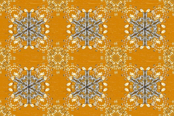 Seamless pattern with gold antique floral medieval decorative, leaves and golden pattern ornaments on yellow, beige and white colors. Seamless royal luxury golden baroque damask vintage.