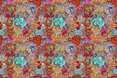 Resimde kusursuz çiçek deseni var. Turuncu, mavi ve bej renkli çiçekler. Renkli Yaz Temalı Kusursuz Arkaplan. Düz Çiçek Elementleri Tasarımı.