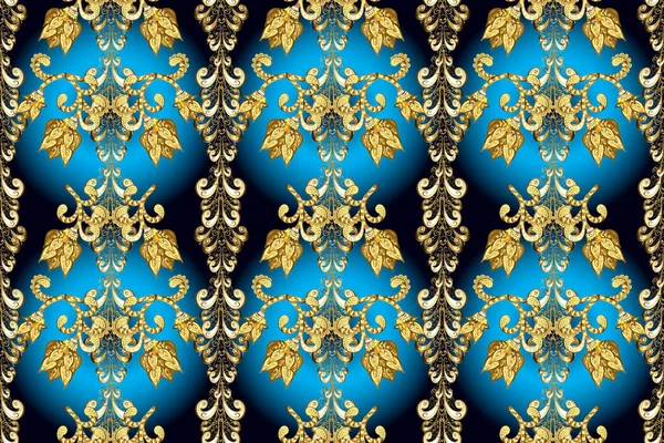 Golden pattern on yellow, black and blue colors with white doodles. Golden pattern. Seamless golden textured curls in oriental style arabesques.
