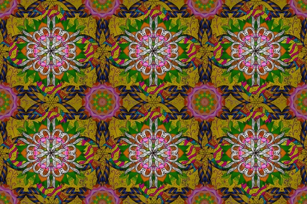 Flat Flower Elements Design. Raster Fashionable fabric pattern. Cute flowers pattern with yellow, orange and green colors. Colour Spring Theme seamless pattern Background.