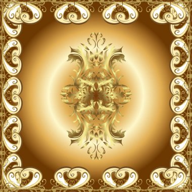 Dekoratif simetri arabesk. Kusursuz ortaçağ çiçek deseni. Kahverengi, bej ve sarı renklerde altın. Doğum günü, davetiye ya da afiş için tebrik kartı.