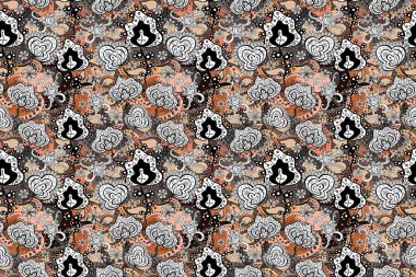 Siyah, gri ve beyaz renkte çiçekler. Düz Çiçek Elementleri Tasarımı. Kusursuz çiçek deseni. Asya tekstil tarzında. Renkli Bahar Teması Kusursuz Arkaplan.