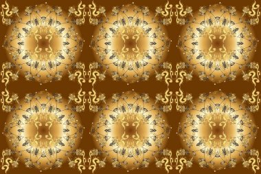 Altın elementlerle bej, kahverengi ve sarı renklerde kusursuz desen. Altın şablonu açın. Doğu tarzı arabesk. Parlak dantel, stilize çiçekler, şal desenli. Kusursuz altın dokular bukleler.