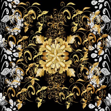 Antika altın tekrarlanabilir duvar kağıdı. Barok tarzında altın çiçekli süs. Damask pürüzsüz yineleme kalıbı. Beyaz, siyah ve kahverengi renkler üzerine altın element.