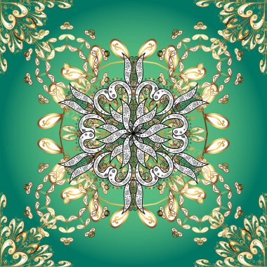 Klasik klasik klasik arka plan. Beyaz, yeşil ve mavi renklerde altın elementlerle kusursuz desen. Kusursuz klasik altın desen. Geleneksel oryantasyon süsü.