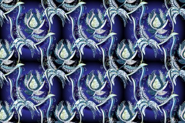 Çiçeksiz desenli arka plan. Mavi, siyah ve nötr renklerde çiçekler. Renkli Bahar Temalı Kusursuz Arkaplan. Düz Çiçek Elementleri Tasarımı.