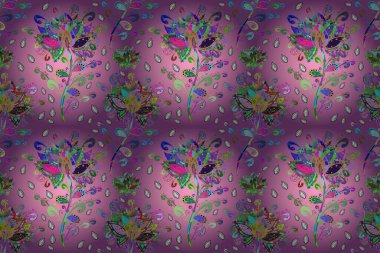 Pembe, mor ve mor renkli çiçekler. Hediye ambalaj kağıdı, tebrik kartları, posterler ve pankart tasarımı. Raster düz çiçekleri pürüzsüz desen.