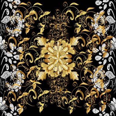 Kahverengi, beyaz ve siyah renklerde altın. Dekoratif simetri arabesk. Kusursuz ortaçağ çiçek deseni. Vektör çizimi. Doğum günü, davetiye ya da afiş için tebrik kartı.