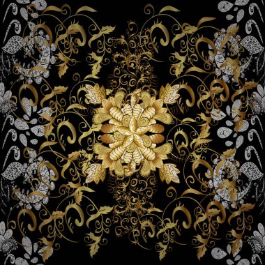 Klasik vektör altın seamless modeli. Çiçek süsleme brokar Tekstil desen, cam, metal ile çiçek desenli siyah, kahverengi ve beyaz renkler altın elemanları ile.