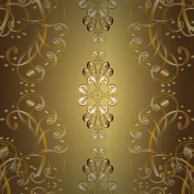 Vektör çizimi. Tarafsız, sarı ve kahverengi renklerde, altın elementlerle klasik, pürüzsüz desen..