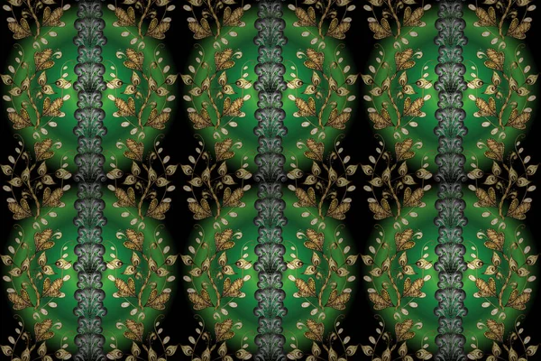 Seamless golden pattern. Golden pattern with white doodles on gray, green and black colors with golden elements. Raster oriental ornament.