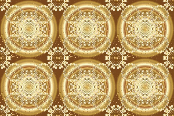 Gold floral ornament in baroque style. Golden element on a beige, brown and yellow colors. Golden floral seamless pattern. Damask background.