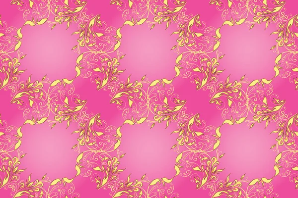 Seamless royal luxury golden baroque damask vintage. Seamless pattern with gold antique floral medieval decorative, leaves and golden pattern ornaments on brown, pink and yellow colors.