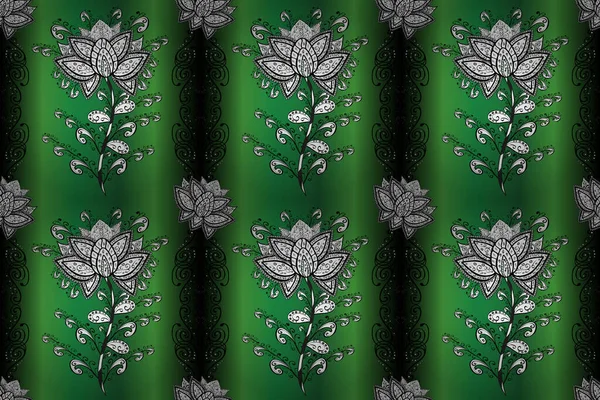 Flat Flower Elements Design. Cute flowers pattern with white, green and black colors. Colour Spring Theme seamless pattern Background. Raster Fashionable fabric pattern.