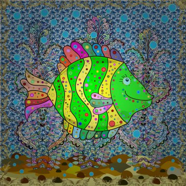 Vektör çizimi. Kusursuz. Yeşil, mavi ve nötr balıklar. Şirin balık çizgi film koleksiyonu..