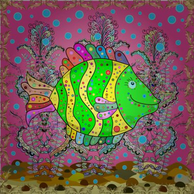 Vektör çizimi. Pembe, sarı ve yeşil üzerinde farklı bir tropikal balıkla kusursuz şirin desenler..