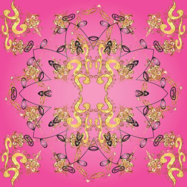 Doğu tarzı arabesk tarzında altın elementler. Kahverengi, sarı ve pembe renklerde kusursuz desen. Altın pürüzsüz desen. Kusursuz altın desenli bukleler..