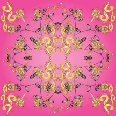 Sarı, kahverengi ve pembe renklerde altın elementler. Barok tarzında kusursuz bir doğulu süsü. Geleneksel klasik, kusursuz vektör kalıbı.