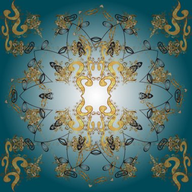 Kahverengi, mavi ve nötr renklerde altın elementlerle kusursuz desen. Geleneksel oryantasyon süsü. Vektör çizimi. Kusursuz klasik vektör altın deseni. Klasik vintage arkaplan.