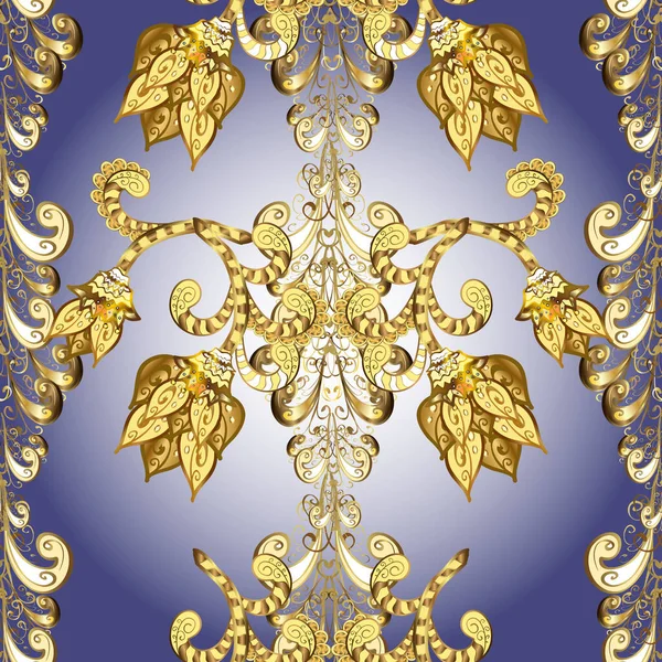 Gold floral ornament in baroque style. Damask seamless repeating pattern. Golden element on yellow, violet and neutral colors. Antique golden repeatable wallpaper.