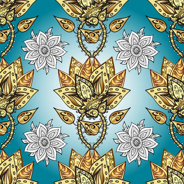 Seamless royal luxury golden baroque damask vintage. Seamless pattern with gold antique floral medieval decorative, leaves and golden pattern ornaments on neutral, yellow and blue colors.