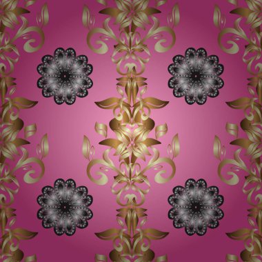 Altın elementlerle bej, pembe ve gri renklerde kusursuz desen. Klasik, kusursuz, kusursuz bir vektör. Geleneksel oryantasyon süsü. Klasik vintage arkaplan.