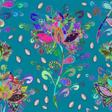 Yeşil, mavi ve mor renkli çiçekler. Düz Çiçek Elementleri Tasarımı. Çiçekle kusursuz desen. Renkli Bahar Teması Kusursuz Arkaplan.