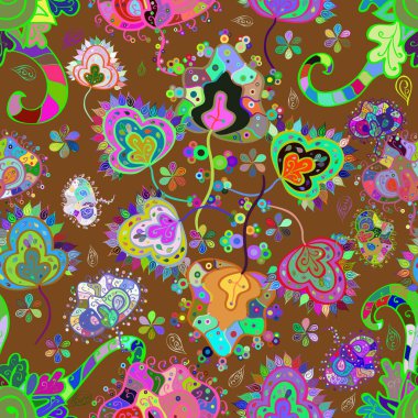 Vector Tender kumaş deseni. Klasik taslak çizimi. Vektör çiçek izi. Çiçeksel kahverengi, yeşil ve mavi pürüzsüz desen.