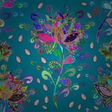 Yeşil, mor ve mavi renkli vadi çiçekleri. Soyut etnik vektör kusursuz desen. Çiçekler..