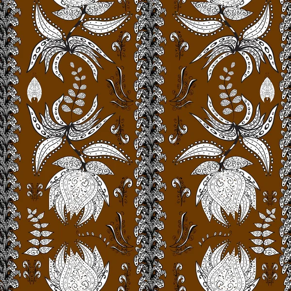 Floral pattern in doodle style with flowers and leaves. Gentle, spring floral on brown, white and black colors.