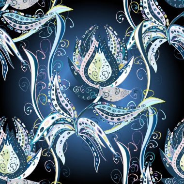 Çiçeksel nötr, mavi ve siyah pürüzsüz desen. Klasik taslak çizimi. Vektör çiçek izi.