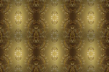 Tarafsız, sarı ve kahverengi renklerde, altın elementli, klasik, pürüzsüz desen. Raster illüstrasyonu.