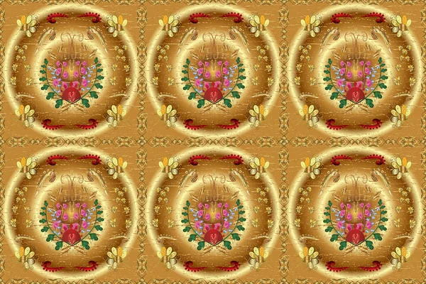 Golden seamless pattern. Flat hand drawn vintage collection. Backdrop, fabric, gold wallpaper. Golden pattern on brown, orange and beige colors with golden elements.