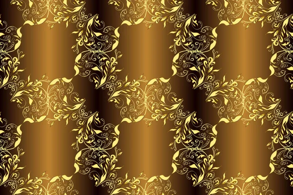 Gold floral ornament in baroque style. Golden element on a brown, black and yellow colors. Damask background. Golden floral seamless pattern.