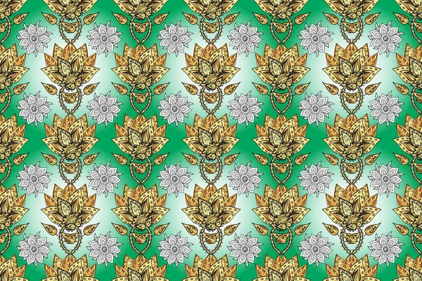 Antique golden repeatable wallpaper. Gold floral ornament in baroque style. Golden element on neutral, yellow and green colors. Damask seamless repeating pattern.