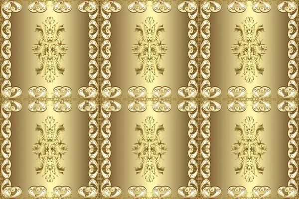 Gold floral ornament in baroque style. Gold Wallpaper on texture background. Golden element on beige, neutral and brown colors. Damask seamless repeating background.