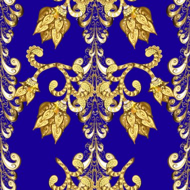 Barok tarzında altın çiçekli süs. Damask arkaplanı. Altın çiçekli, pürüzsüz desen. Sarı, kahverengi ve mavi renklerdeki altın element.