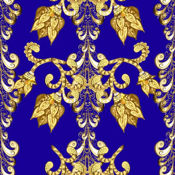 Gold floral ornament in baroque style. Damask background. Golden floral seamless pattern. Golden element on a yellow, brown and blue colors.